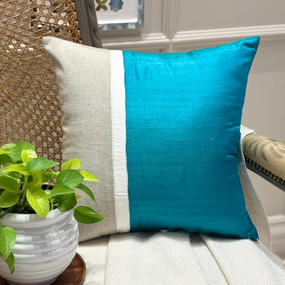 The HomeCentric Decorative Turquoise 22"x22" (55x55 cm) Throw Pillows, Silk & Linen Patchwork & Colorblock Throw Pillows For Couch, Solid Color Pattern Modern Style - Turquoise Silkastic