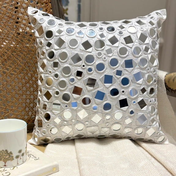 The HomeCentric Decorative White 16"x16" (40x40 cm) Throw Pillows, Silk Mirror Embroidery Throw Pillows For Couch, Geometric Pattern Modern Style - Darpan White