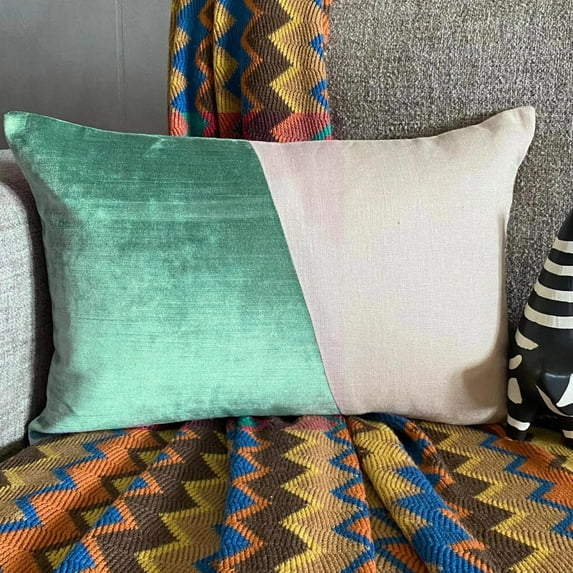 The HomeCentric Designer Aqua Blue Pack of 2, 12"x26" (30x65 cm) Lumbar Pillow Cover, Velvet & Linen Solid Color Block Oblong Pillow, Patchwork Pattern Modern Style - Velutinous Aqua