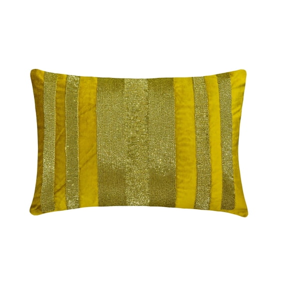 The HomeCentric Designer Chartreuse Green Pack of 2, 12"x26" (30x65 cm) Lumbar Pillow Cover, Velvet Beaded Oblong Pillow, Striped Pattern Modern Style - Sparkling Stripe Chartreuse