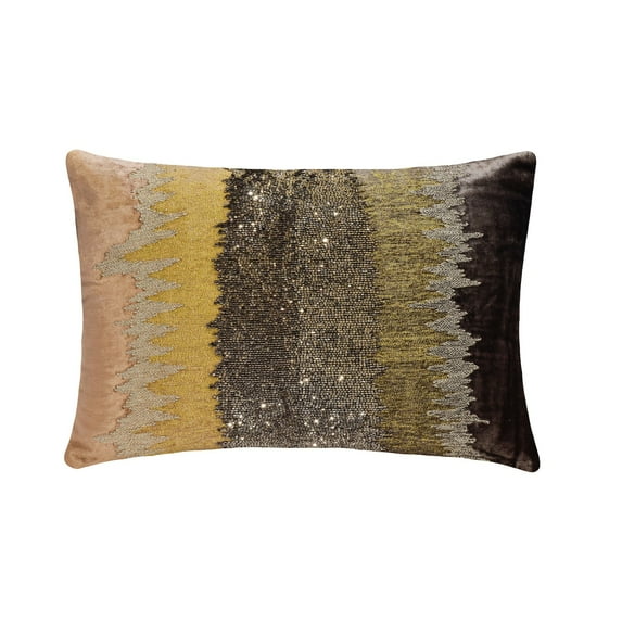 The HomeCentric Designer Grey & Gold Pack of 2, 12"x14" (30x35 cm) Lumbar Pillow Cover, Velvet Zardozi Embroidery & Beaded Oblong Pillow, Abstract Pattern Modern Style - Zari