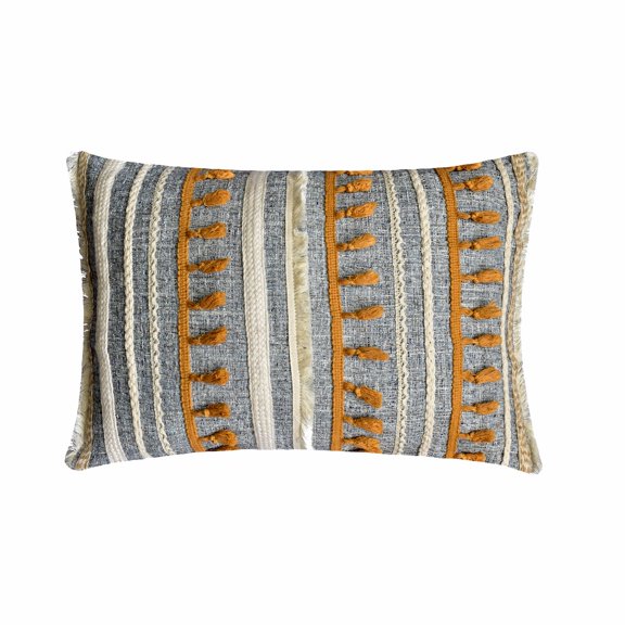 The HomeCentric Designer Lumbar Pillow Cover Blue 12"x24" (30x60 cm) Jute Jute, Lace, Tassles Oblong Pillow Cover, Striped Contemporary Style - Boho Romance