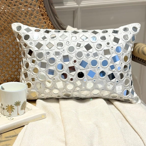 The HomeCentric Designer White Pack of 2, 12"x22" (30x55 cm) Lumbar Pillow Cover, Silk Mirror Embroidery Oblong Pillow, Geometric Pattern Modern Style - Anayna White