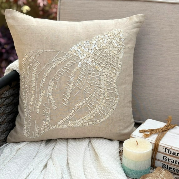 The HomeCentric Ecru Pillow Shams Shell Ocean Beach Theme Pillow Shams Pack of 2 24x24 inch (60x60 cm) Pillow Sham Square Cotton Linen Pillow Shams Mediterranean Pillow Shams Sea Easter - Sea Shell