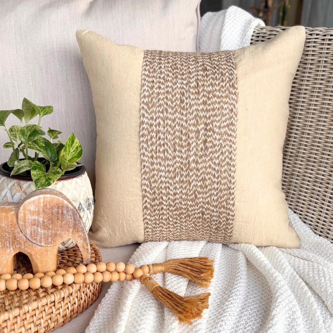 The HomeCentric Ecru Pillows Cover Jute Cord Pillows Cover Pack of 2 14x14 inch (35x35 cm) Throw Pillow Covers Square Cotton Linen Pillow Covers Contemporary Pillow Covers Striped - Linen Memories