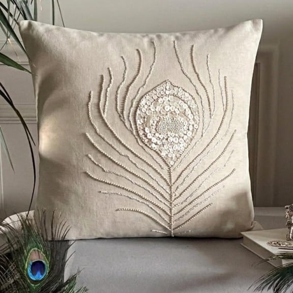 The HomeCentric Ecru Throw Pillow Cover, Peacock Mother Of Pearls Throw Pillow Cover, Pack of 2, 18x18 inch (45x45 cm) Pillow Cover, Cotton Linen Throw Pillow Cover, Floral - Pearly Peacock