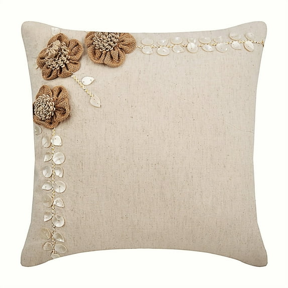 The HomeCentric Ecru Throw Pillows Cover Couch, Jute Flowers Mother Of Pearls Floral Theme Pillows Cover, Pillow Covers Decorative, Floral Contemporary Cotton Linen - Jute Blooms