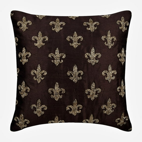 The HomeCentric Euro Pillow Cases, Brown Euro Size Pillow Covers Pack of 2, 26x26 inch (65x65 cm) Silk Euro Size Pillow Shams, French Toile, Fleurs De Lis, Beaded, Euro Size Pillow - Fleur De Lis