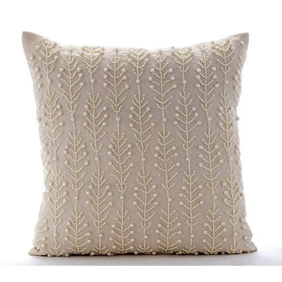 The HomeCentric Euro Pillow, Natural Beige European Pillow Shams Pack of 2, 26x26 inch (65x65 cm) Linen Euro Sham Covers, Nature & Floral, Pearl, Beaded, Euro Size Pillow Covers - Pearl Essence
