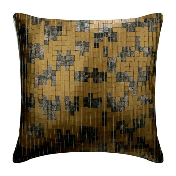 The HomeCentric Euro Sham Cover, Decorative Antique Gold Pack of 2, 26x26 inch (65x65 cm) Pillow Cover For Sofa, Art Silk Sequins Pillowcase With Zipper, Checkered Modern - Checkered Gold