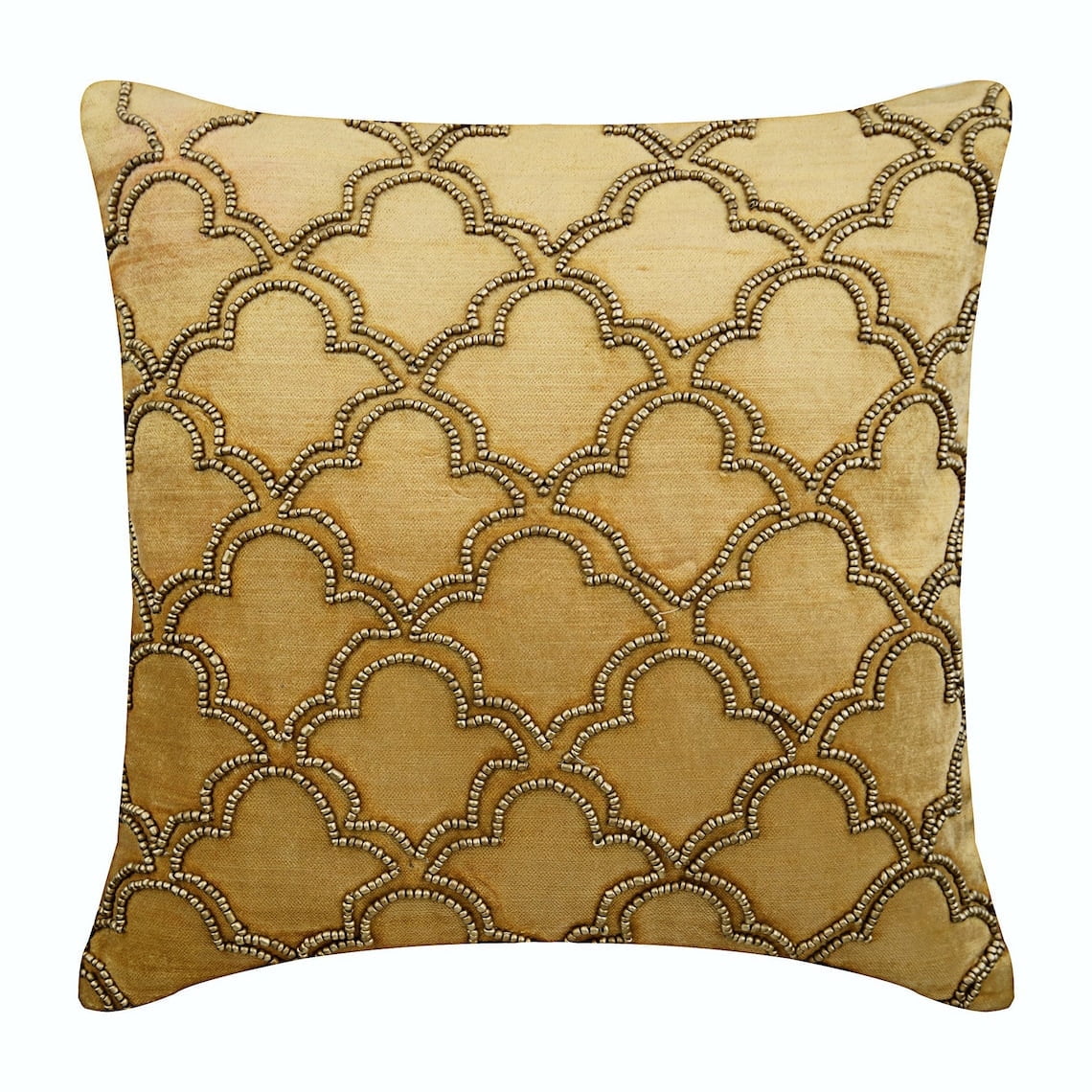 The HomeCentric Gold Cushion Covers, Gold Beaded Lattice Trellis Turkish Pillows Cover, Pack of 2, 14x14 inch (35x35 cm) Pillow Case, Square Velvet Throw Pillows Cover, Geometric Art - Gold Jewel