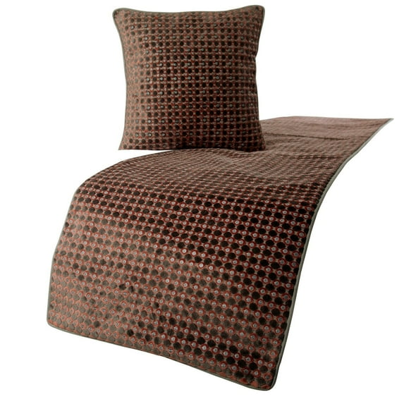 The HomeCentric Grey Bed Runner, CA King Size 86"x18" Decorative Bed Runner With 2 Matching Pillow Cover, Peach & Grey Velvet Bed Scarf in Sequins Embroidery - Ditto Dots