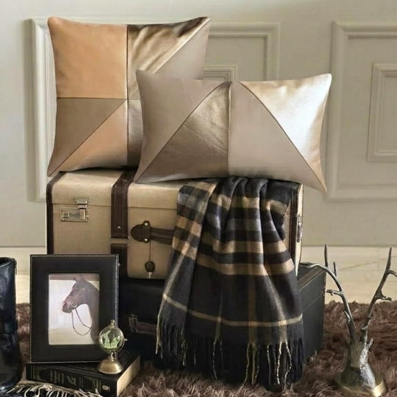 The HomeCentric Handmade Beige Pack of 2, 12"x20" (30x50 cm) Lumbar Pillow Cover, Faux Leather Lounge, Taupe Champagne Oblong Pillow, Patchwork Pattern Modern Style - Maverick