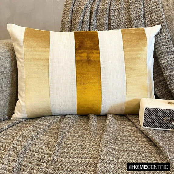 The HomeCentric Handmade Gold Pack of 2, 12"x14" (30x35 cm) Lumbar Pillow Cover, Linen & Velvet Color Blocking & Patchwork Oblong Pillow, Striped Pattern Modern Style - Swathe Gold