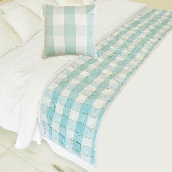 The HomeCentric King / Queen / Twin Aqua Decorative Bed Runner Queen 74"x18" Bed Runner WITH One Pillow Cover, Checkered, Buffalo Plaid, Check Bed Scarf on Cotton fabric - Aqua Plaid Knots