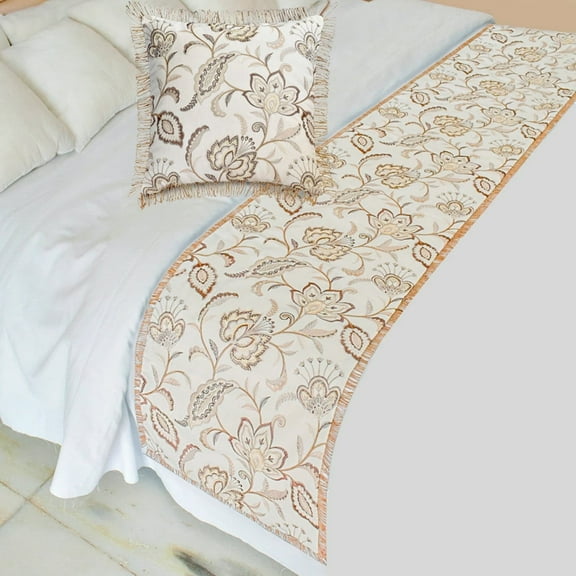 The HomeCentric King / Queen / Twin Beige Decorative Bed Runner CA King 86"x18" Bed Runner WITH Two Pillow Cover, Floral, Pearl, Jute Lace, Embroidery Bed Scarf on Cotton fabric - Floral Luster