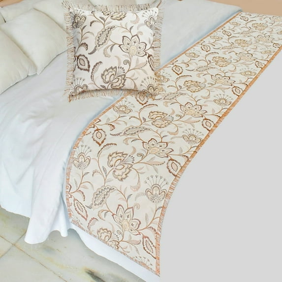 The HomeCentric King / Queen / Twin Beige Decorative Bed Runner King 90"x18" Bed Runner WITH One Pillow Cover, Floral, Pearl, Jute Lace, Embroidery Bed Scarf on Cotton fabric - Floral Luster