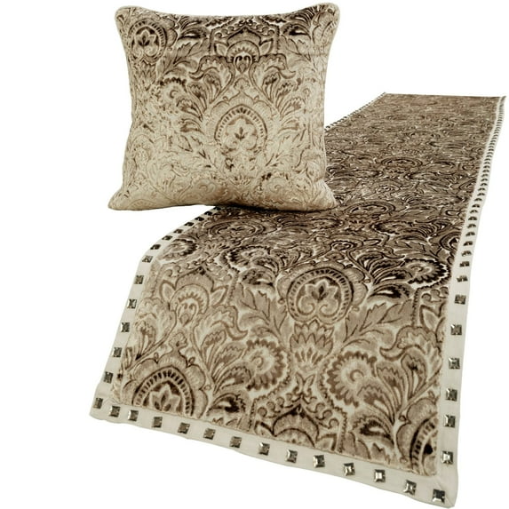 The HomeCentric King / Queen / Twin Beige Decorative King 90"x18" Bed Runner With 2 Pillow Cover, Velvet Damask & Crystal Border Bed Scarf on Velvet fabric - Henriretta