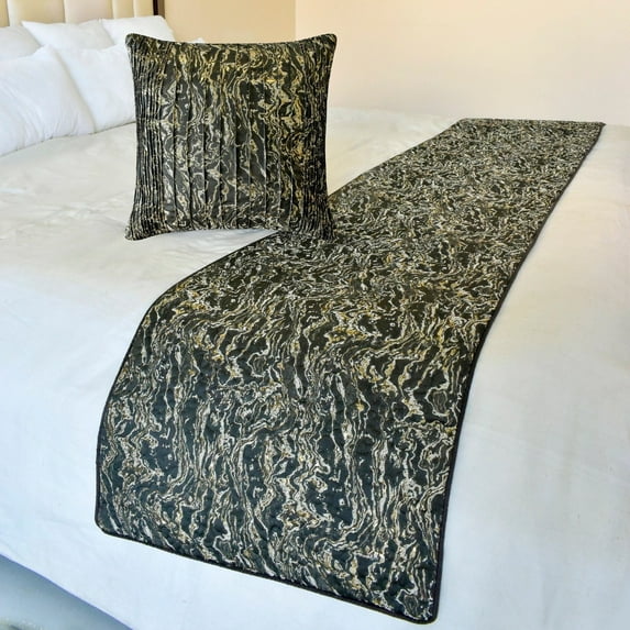 The HomeCentric King / Queen / Twin Black Decorative Bed Runner Twin 53"x18" Bed Runner WITH Two Pillow Cover, Marble Pattern, Pintucks, Quilted Bed Scarf on Jacquard fabric - Stellaris