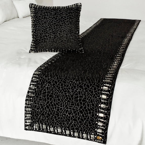 The HomeCentric King / Queen / Twin Black Decorative King 90"x18" Bed Runner WITH Pillow Cover, Mosaic & Crystal Bed Scarf on Velvet fabric - Mosaic Noir