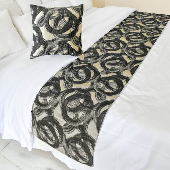 The HomeCentric King / Queen / Twin Black Designer Full 68"x18" Bed Runner With 2 Pillow Cover, Circle, Rings, Quilted Bed Scarf on Jacquard fabric - Circlewise