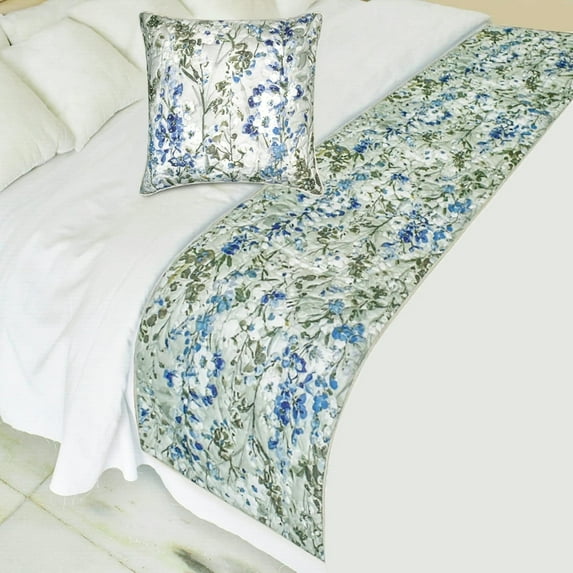 The HomeCentric King / Queen / Twin Blue Decorative Bed Runner CA King 86"x18" Bed Runner WITHOUT Pillow Cover, Quilted Bed Scarf on Cotton fabric - Garden Grace