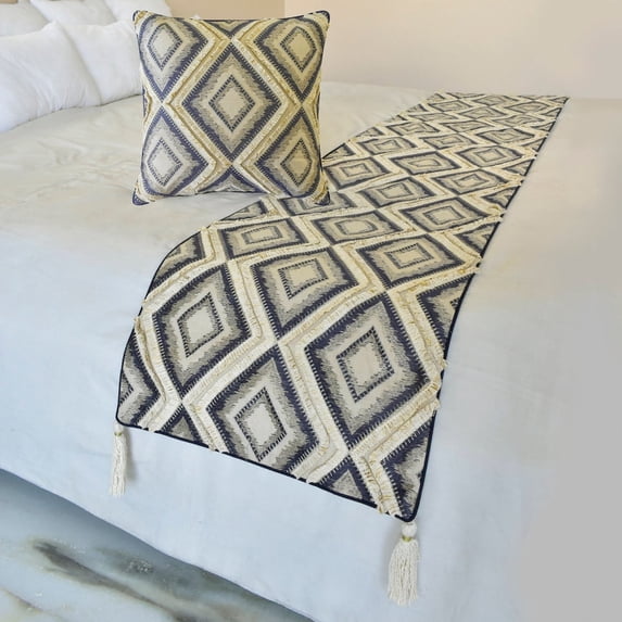 The HomeCentric King / Queen / Twin Blue Decorative Queen 74"x18" Bed Runner With 2 Pillow Cover, Lace & Moroccan Decor Bed Scarf on Jacquard fabric - Akida