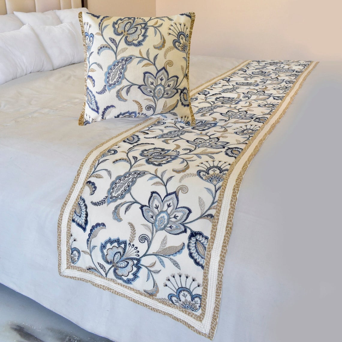 The HomeCentric King / Queen / Twin Blue Designer King 90"x18" Bed Runner With 2 Pillow Cover, Floral, Embroidered, Jute Lace & Lace Bed Scarf on Cotton fabric - Morning Glories