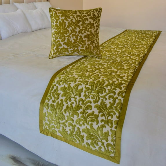 The HomeCentric King / Queen / Twin Chartreuse Designer King 90"x18" Bed Runner With 2 Pillow Cover, Velvet, Floral pattern Bed Scarf on Velvet fabric - Enchanted Chartreuse