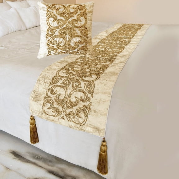 The HomeCentric King / Queen / Twin Gold Designer Queen 74"x18" Bed Runner WITH Pillow Cover, Foil & Hand Beaded Embroidery Bed Scarf on Jacquard fabric - Ornamento Oro