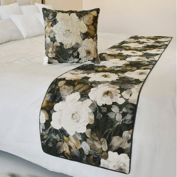 The HomeCentric King / Queen / Twin Gray & Brown Designer King 90"x18" Bed Runner WITH Pillow Cover, Rose, Floral & Bead Embroidery Bed Scarf on Cotton fabric - Rada