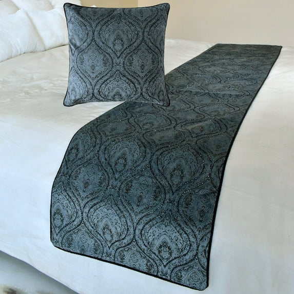 The HomeCentric King / Queen / Twin Gray Decorative King 90"x18" Bed Runner WITH Two Pillow Cover, Damask, Victorian & Bead Embroidery Bed Scarf on Suede fabric - Beatrice