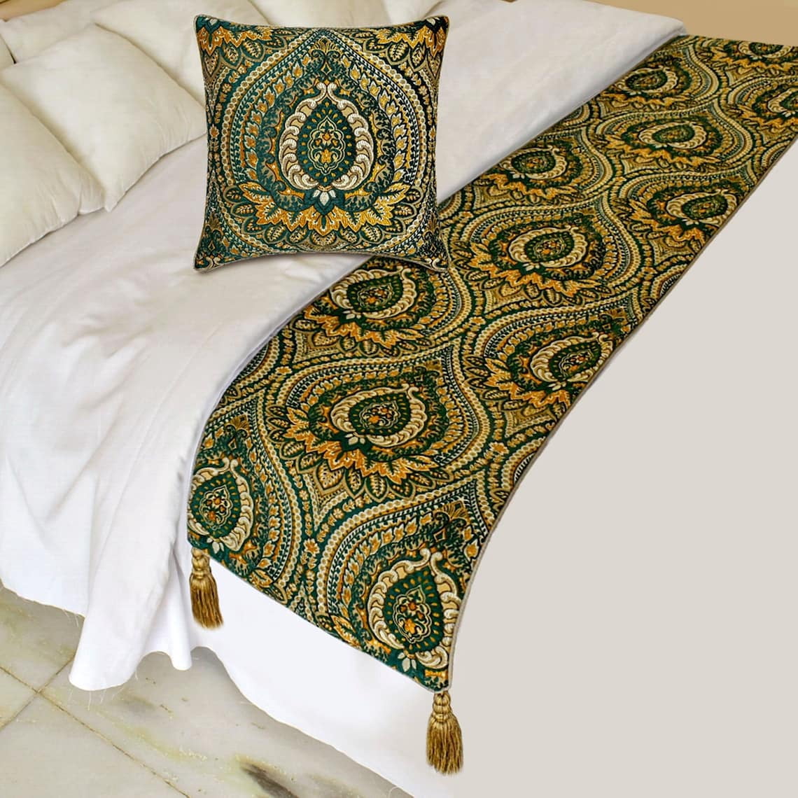 The HomeCentric King / Queen / Twin Green Designer Queen 74"x18" Bed Runner WITHOUT Pillow Cover, Damask, tassels & Tapestry Bed Scarf on Jacquard fabric - Damask Tapestry