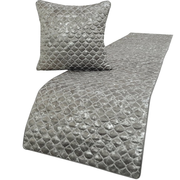 The HomeCentric King / Queen / Twin Grey & Silver Designer CA King 86"x18" Bed Runner WITH Pillow Cover, Quilted, Foil & Trellis Bed Scarf on Silk fabric - Jumanah