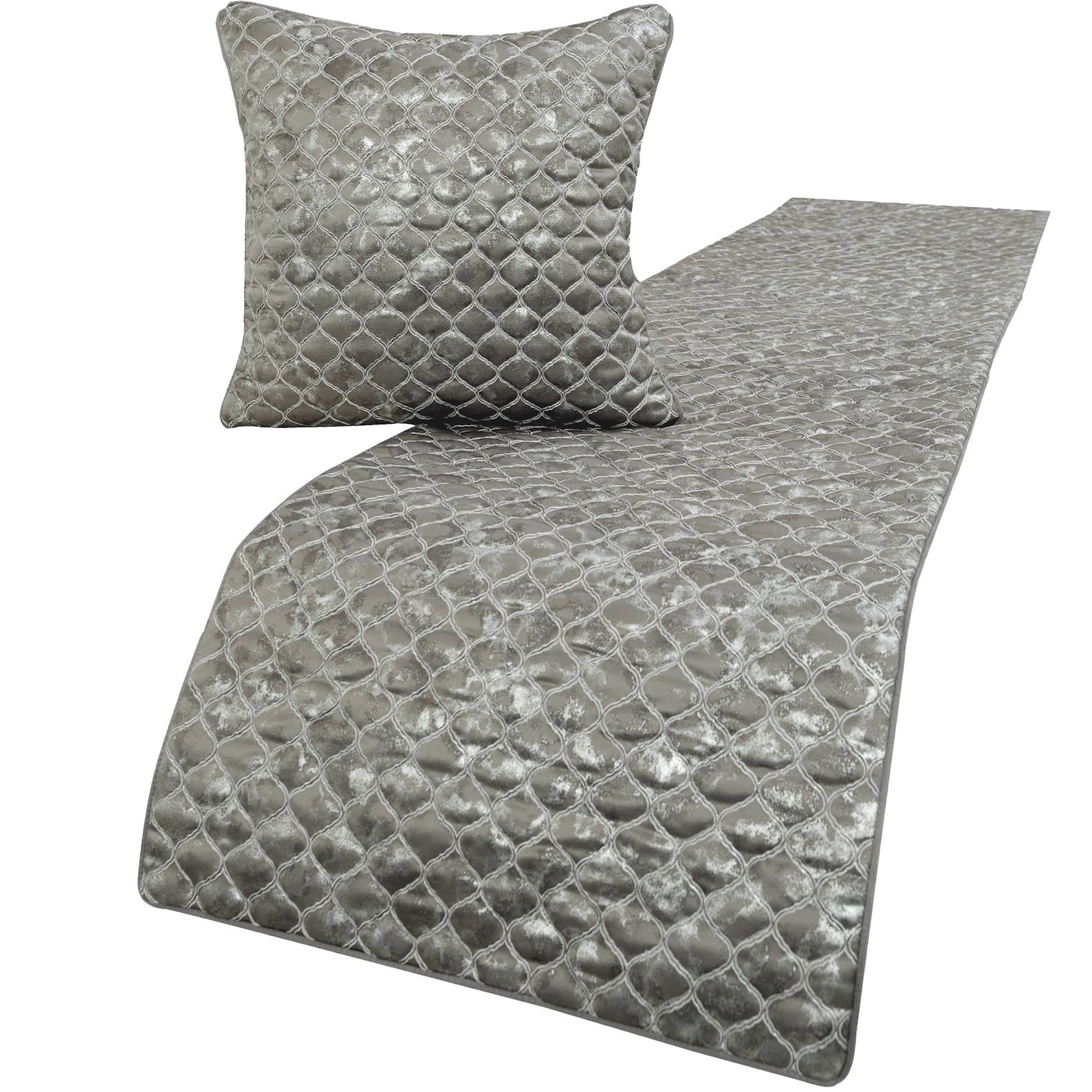 The HomeCentric King / Queen / Twin Grey & Silver Designer Twin 53"x18" Bed Runner WITHOUT Pillow Cover, Quilted, Foil & Trellis Bed Scarf on Silk fabric - Jumanah