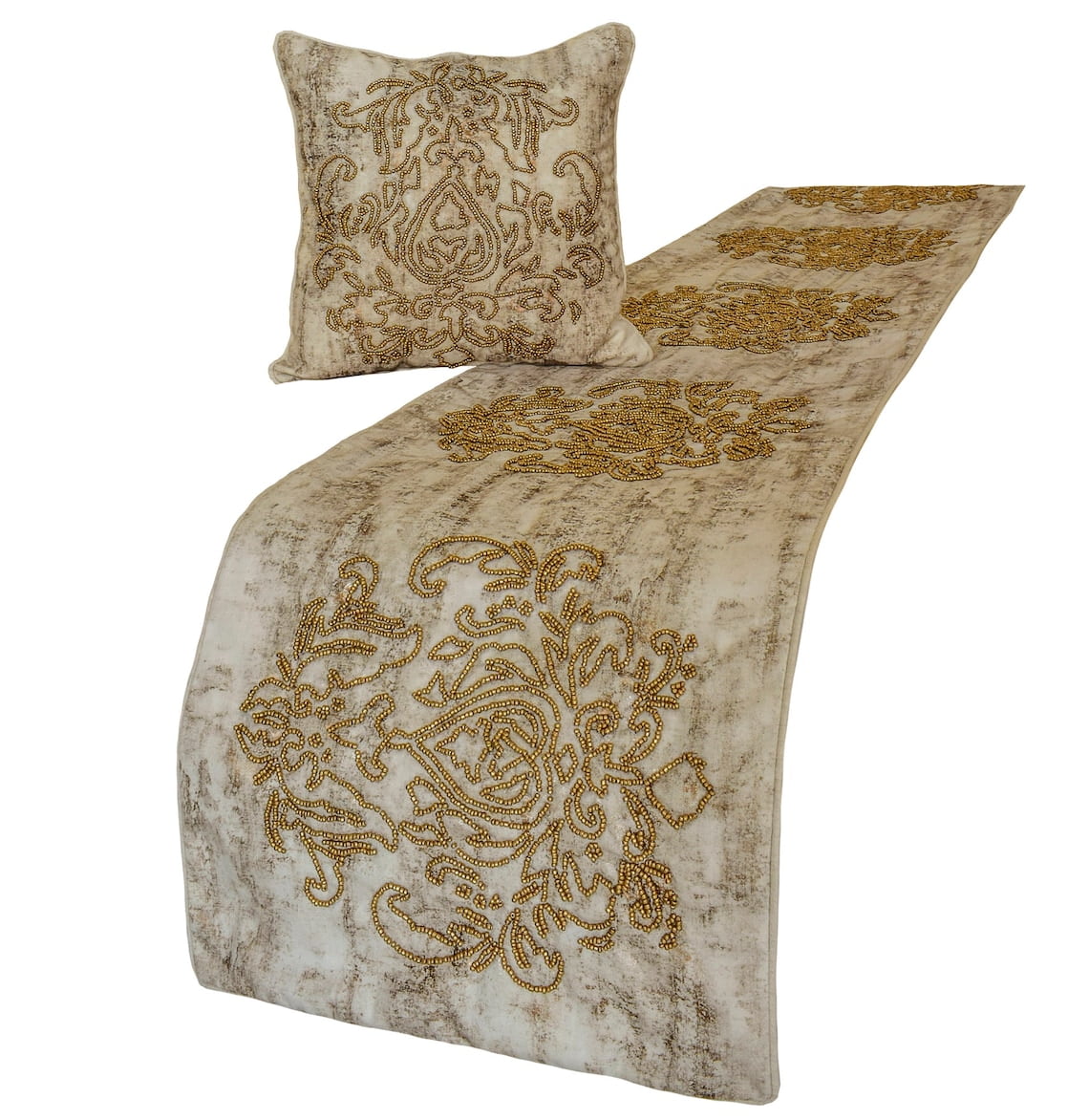 The HomeCentric King / Queen / Twin Ivory & Gold Designer Full 68"x18" Bed Runner WITHOUT Pillow Cover, Beaded & Foil Bed Scarf on Silk fabric - Foil Damask Gold
