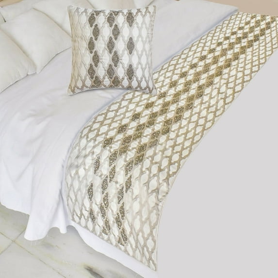 The HomeCentric King / Queen / Twin Ivory Luxury King 90"x18" Bed Runner WITH One Pillow Cover, Bead Hand Embroidery Bed Scarf on Jacquard fabric - Priscilla Dazzle