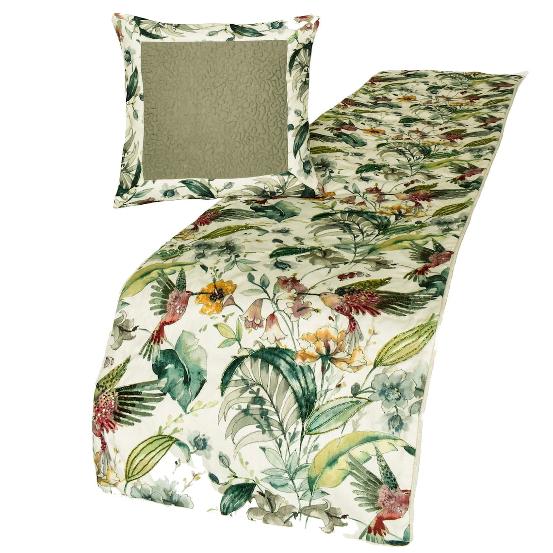The HomeCentric King Queen Twin Ivory & Multi Designer CA King 86"x18" Bed Runner With 2 Pillow Cover, Bird, Sequins & Beaded Bed Scarf on Cotton fabric - Exotic Birds