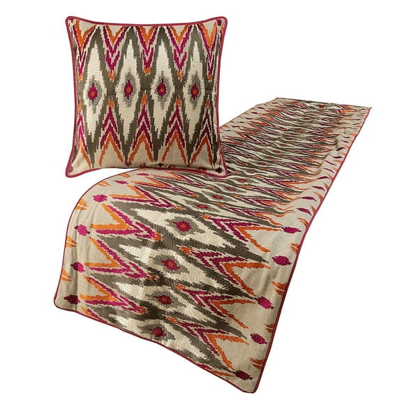 The HomeCentric King Queen Twin Multi Color & Pink Designer CA King 86"x18" Bed Runner With 2 Pillow Cover, Embroidered & Beaded Bed Scarf on Cotton Linen fabric - My Ikat Love