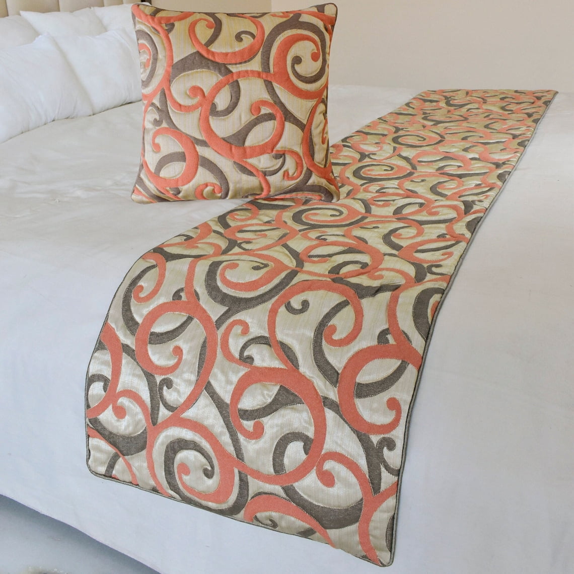 The HomeCentric King / Queen / Twin Orange Luxury King 90"x18" Bed Runner WITH Two Pillow Cover, Scroll, Jacquard & Quilted Bed Scarf on Jacquard fabric - Scroll Cascade