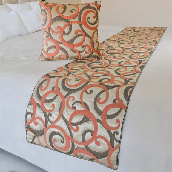 The HomeCentric King / Queen / Twin Orange Luxury Twin 53"x18" Bed Runner WITHOUT Pillow Cover, Scroll, Jacquard & Quilted Bed Scarf on Jacquard fabric - Scroll Cascade