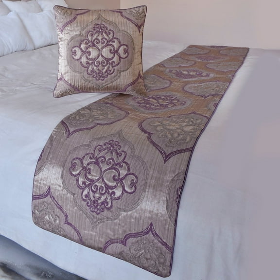 The HomeCentric King / Queen / Twin Purple Decorative King 90"x18" Bed Runner With 2 Pillow Cover, Damask & Quilted Bed Scarf on Jacquard fabric - Embre Purple