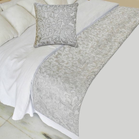 The HomeCentric King / Queen / Twin Silver Luxury Twin 53"x18" Bed Runner WITHOUT Pillow Cover, Abstract, Floral, Bead Hand Embroidery Bed Scarf on Jacquard fabric - Ethereal Silver