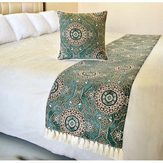 The HomeCentric King / Queen / Twin Teal Decorative Full 68"x18" Bed Runner With 2 Pillow Cover, Art Deco, Floral, Tassels & Velvet Bed Scarf on Velvet fabric - Ahmet