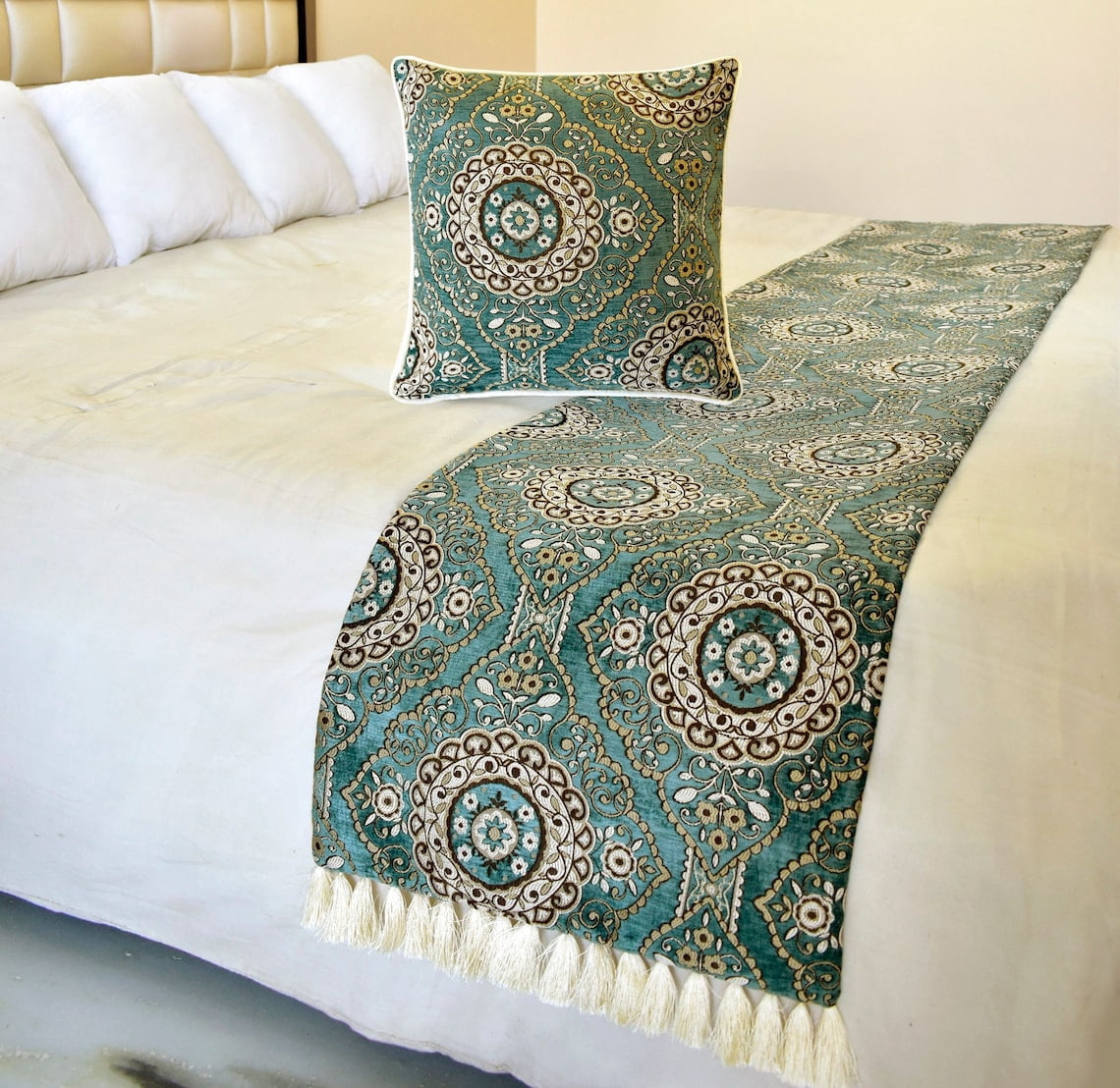 The HomeCentric King / Queen / Twin Teal Decorative Queen 74"x18" Bed Runner With 2 Pillow Cover, Art Deco, Floral, Tassels & Velvet Bed Scarf on Velvet fabric - Ahmet