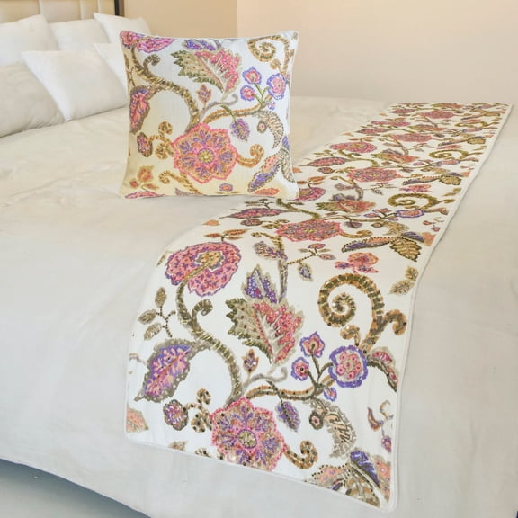 The HomeCentric King / Queen / Twin White & Pink Designer Queen 74"x18" Bed Runner WITH Pillow Cover, Floral, Printed, Sequins, Beaded, Embroidery & Handmade Bed Scarf on Cotton fabric - Aster