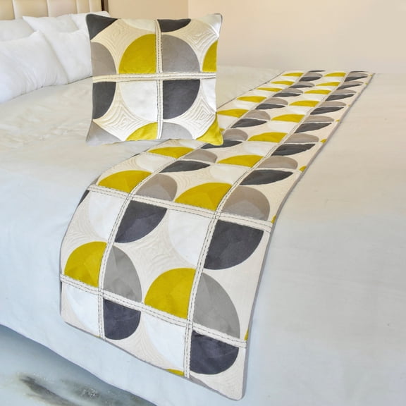 The HomeCentric King / Queen / Twin Yellow & Grey Luxury King 90"x18" Bed Runner WITHOUT Pillow Cover, Emboroidered, Quilted & Geometric Bed Scarf on Cotton fabric - Geo Fusion