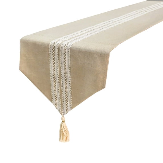 The HomeCentric Luxury Beige 6 Seater Table Runner 14 x 72 inch Lace, Tassels, Linen Table Linen, Solid, Luxury Table Runner for Holiday, Party, Dining, Outdoor, Kitchen, Contemporary - Lace Symphony