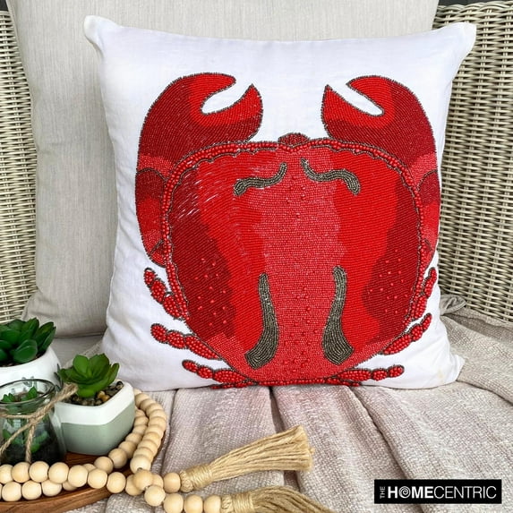 The HomeCentric Luxury Cushion Cover For Chair, Toss Pillows, Pillow Covers Pack of 2, 14x14 inch (35x35 cm) Red, Cotton Throw Pillow Covers, Pillow Covers, Beach, Sea Creatures - Red Crab Craze