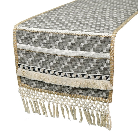 The HomeCentric Luxury Grey & Beige Table Runner Coffee Table Runner (14 x 36 inch) Moroccan, Boho, Lace, Tassels, Jacquard fabric Table Linen, Geometric Pattern Contemporary Style - Nomad Lace